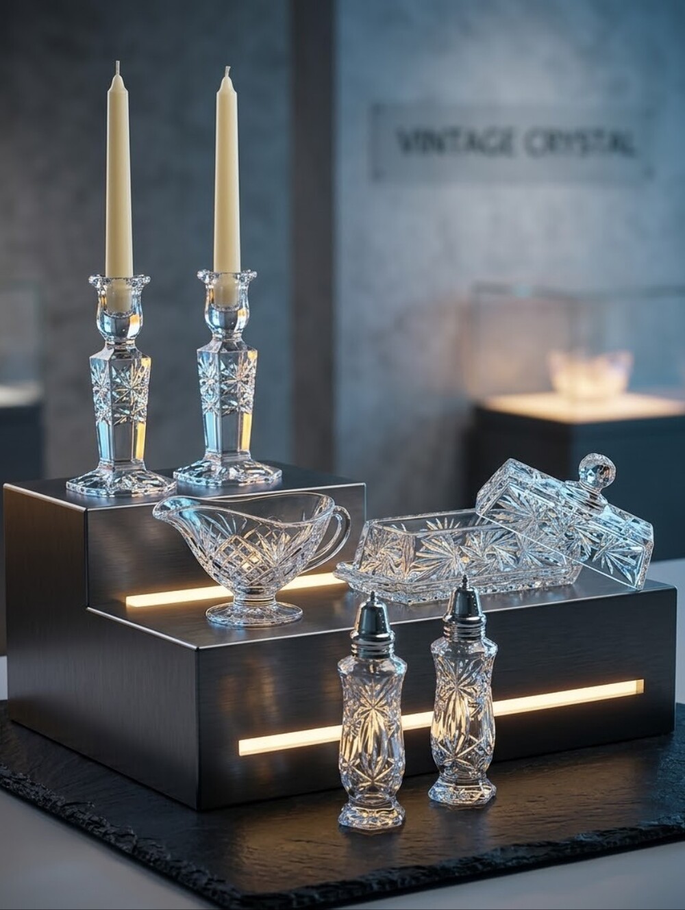 Cut Crystal 5-Piece Tableware Set Butter Dish, Creamer, Candlesticks & Shakers